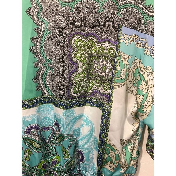 Chico's Sz 2 (US L 12) Shades of Green Silky Flowy Pullover Blouse Cinched Waist - Picture 6 of 7